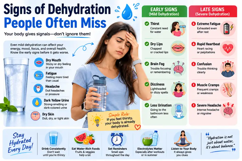 Infographic showing early signs of dehydration like fatigue and headache