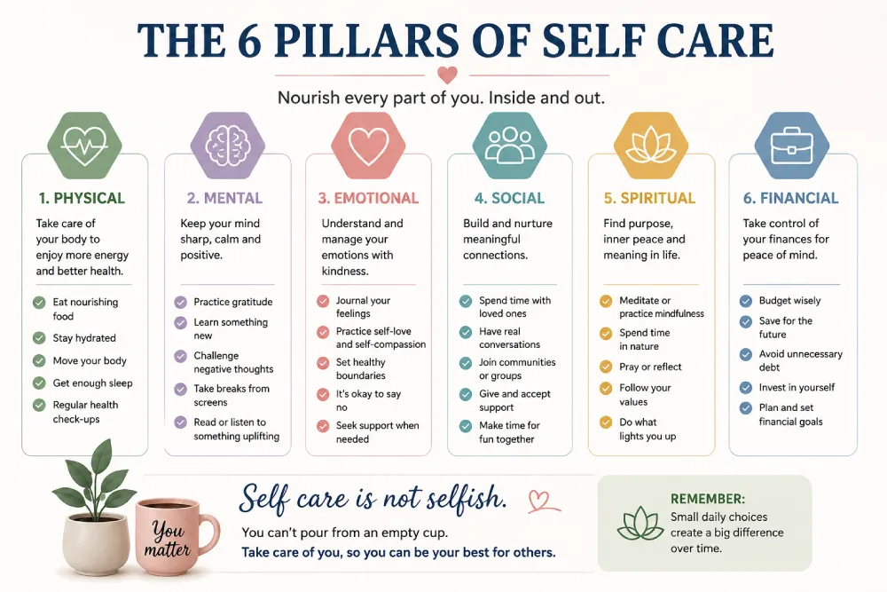 Infographic showing the six pillars of self care: physical, emotional, mental, social, spiritual, financial