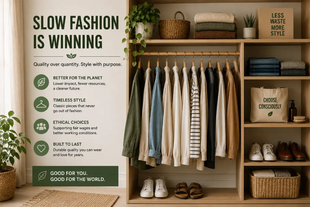 Slow fashion minimalist closet with quality, long-lasting clothing