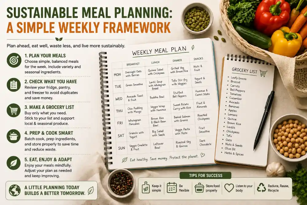 Weekly sustainable meal planning notepad with grocery list and ingredients