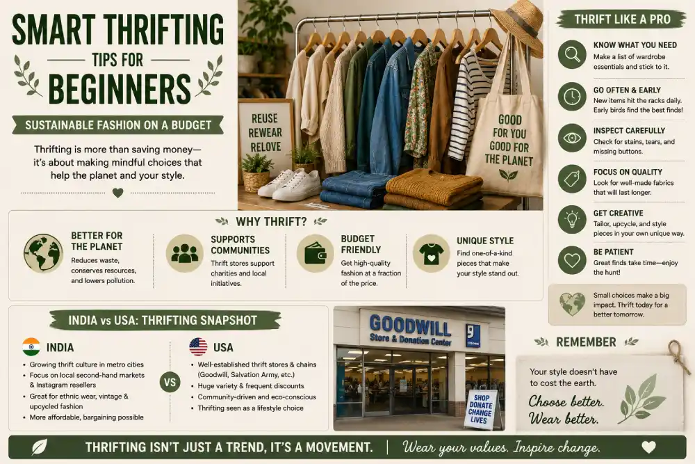 Beginner thrifting tips shown in a secondhand clothing store