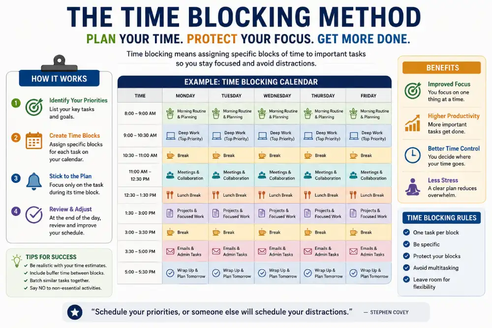 Example calendar showing the time blocking method for professionals