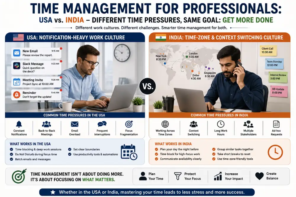 Comparison of time management pressures for professionals in the USA and India