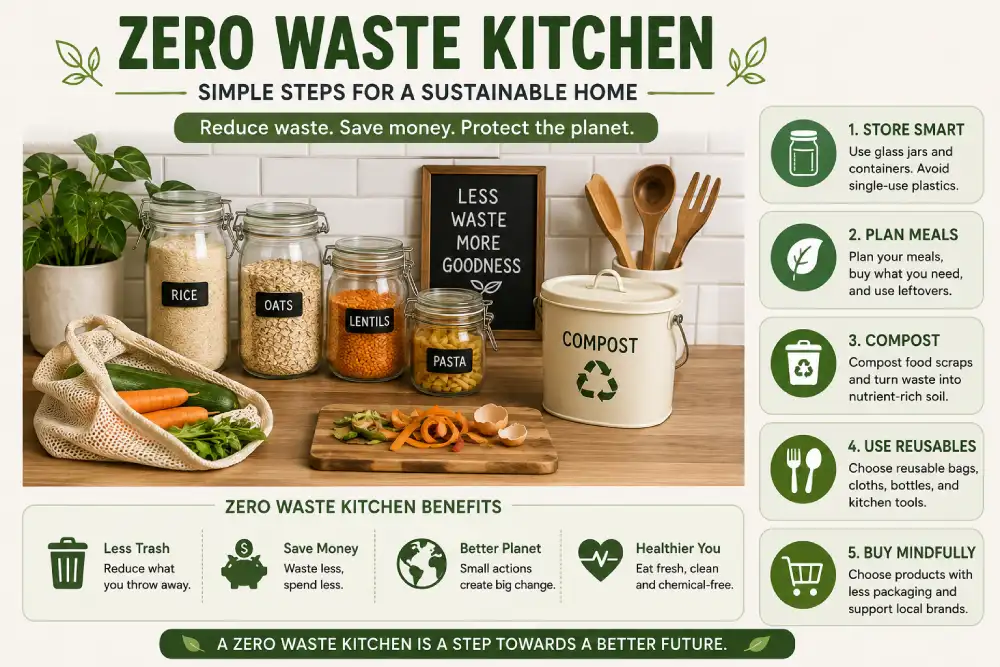 Zero waste kitchen setup with reusable jars and compost bin