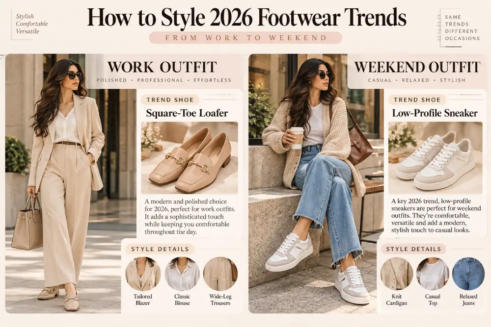 Work and weekend outfit ideas styled with 2026 footwear trends