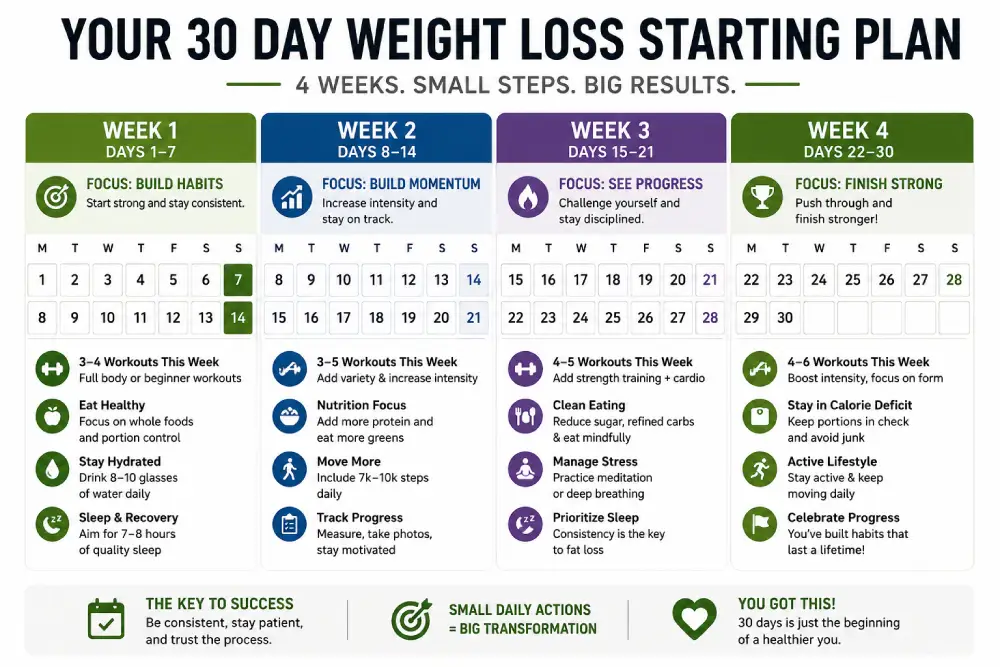 30 day weight loss plan calendar broken into weekly progress blocks