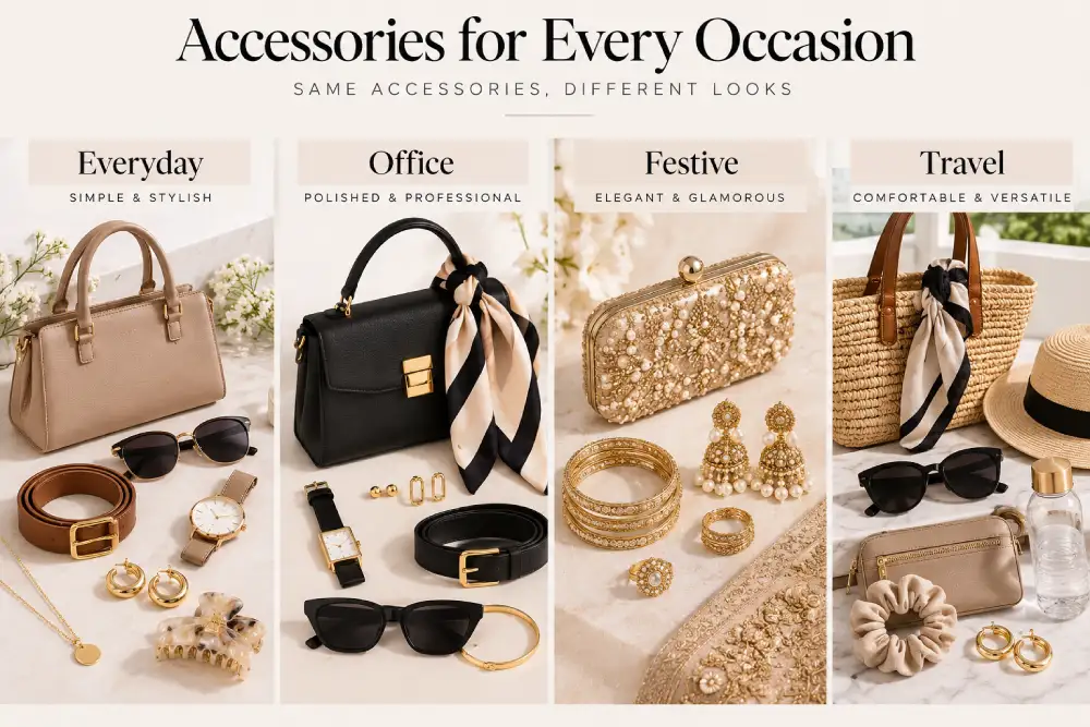 Four fashion accessory looks for everyday, office, festive and travel occasions