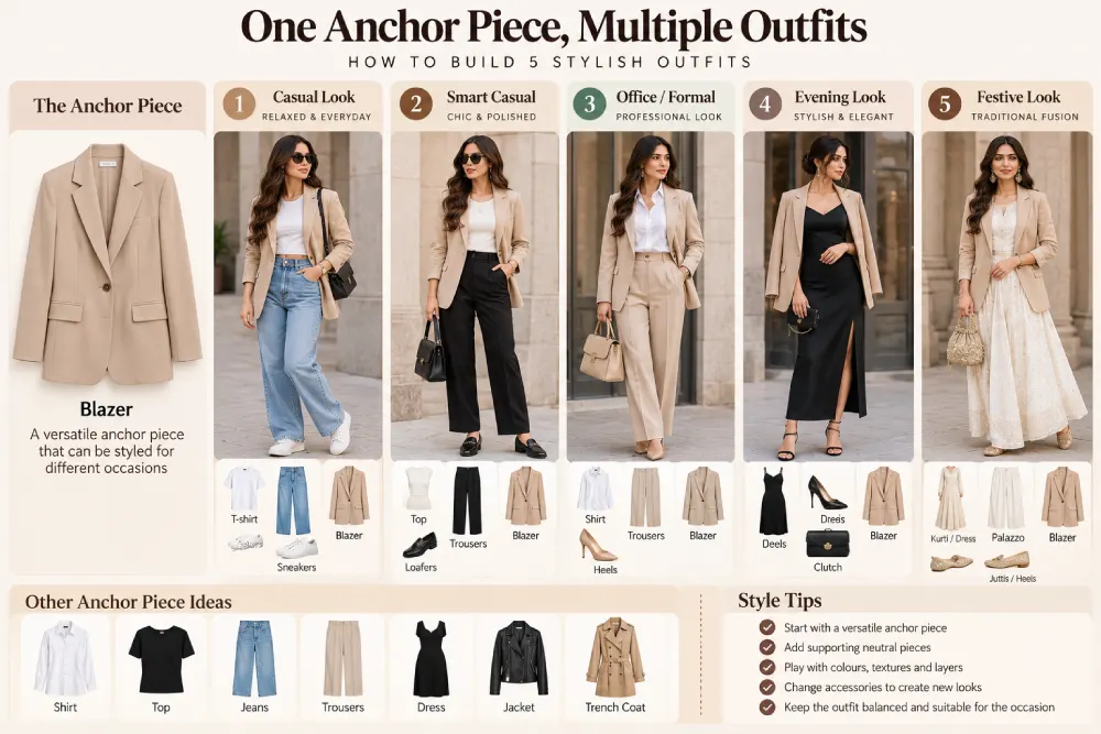 Anchor piece outfit building example with supporting neutral pieces