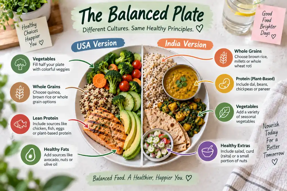Balanced diet plate method USA and India examples