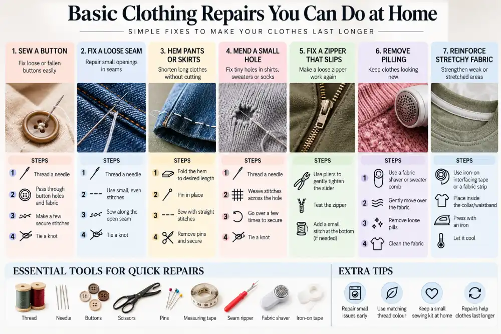 Basic sewing kit for simple clothing repairs at home