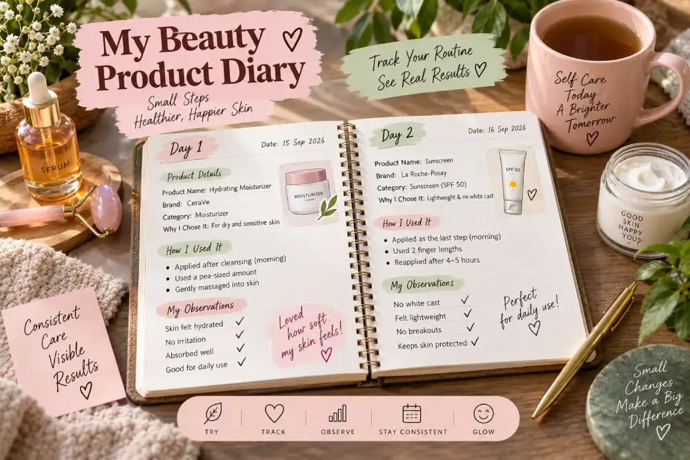Notebook recording a new moisturizer and daily skin comfort observations