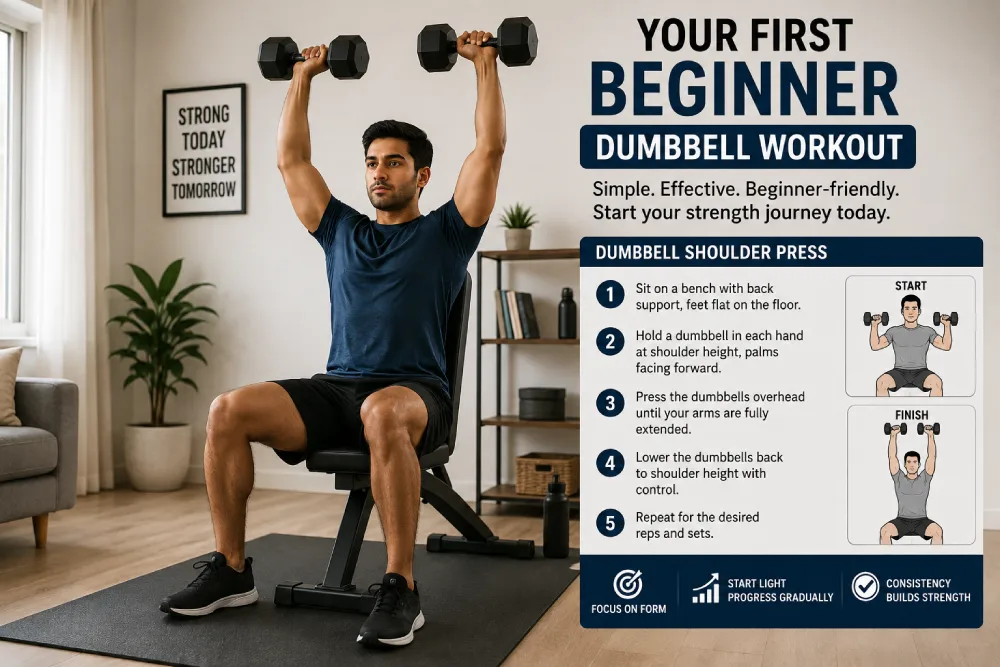 Beginner performing a dumbbell shoulder press as part of a dumbbell workout