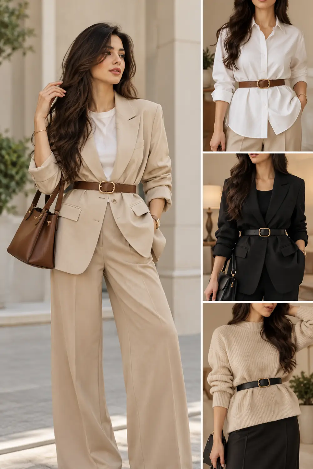 Belt cinched at the waist over an oversized blazer