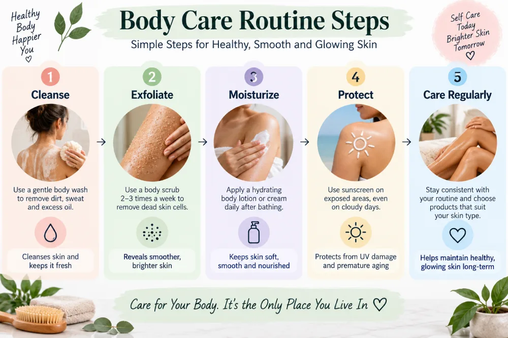 Infographic showing the 4 steps of a body care routine in order