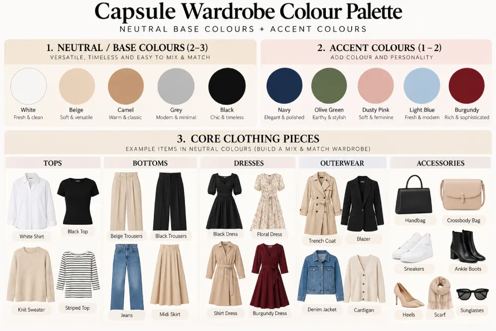 Capsule wardrobe colour palette with core clothing pieces