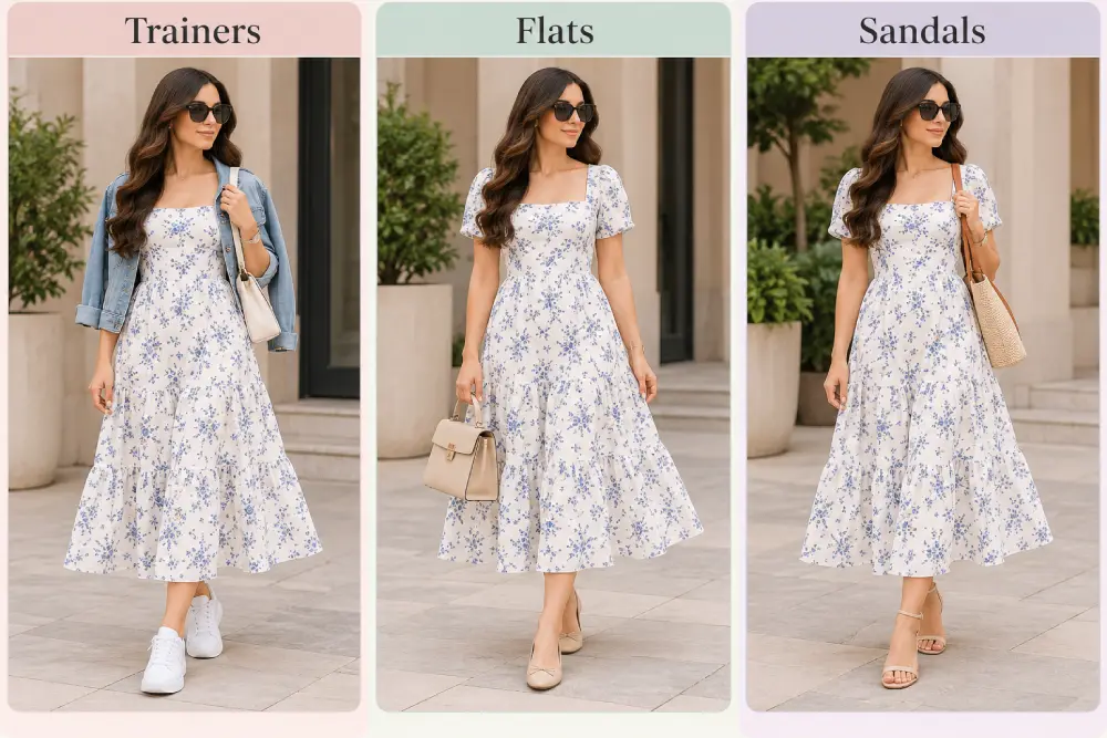 Casual dress paired with trainers, flats and sandals for comparison
