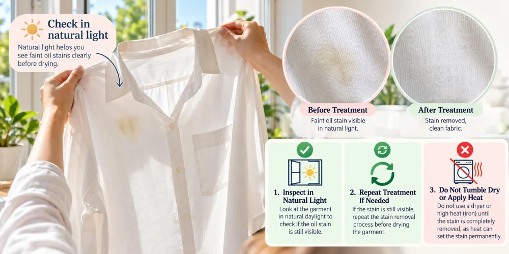Checking a treated oil stain in natural light before drying the garment