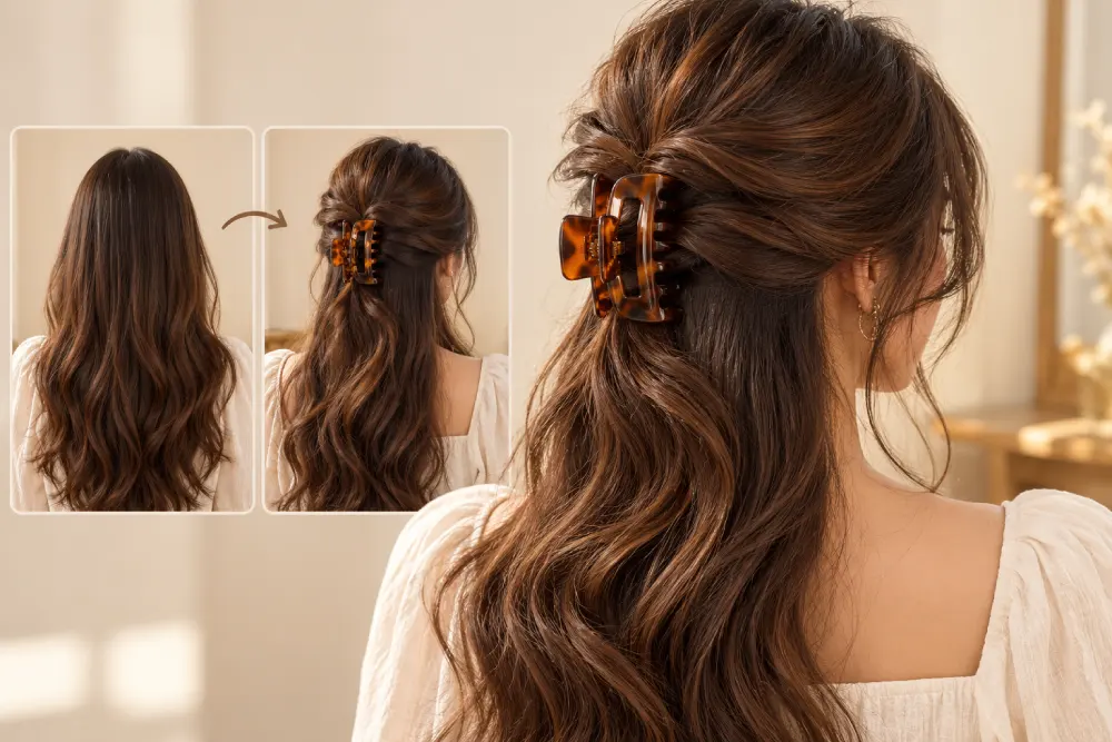Twisted half-up hairstyle held with a claw clip
