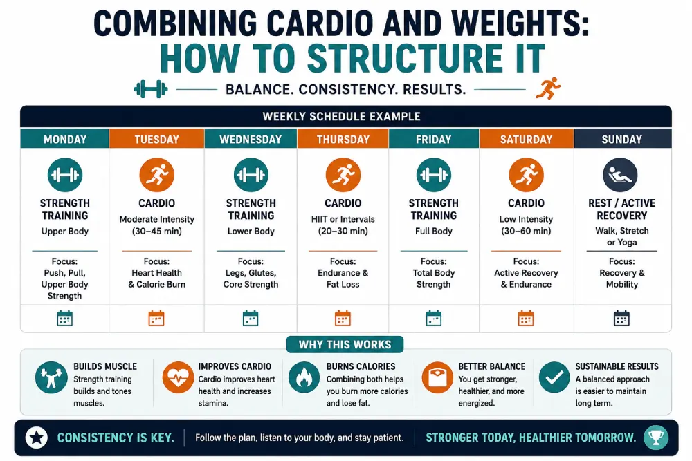 Weekly schedule combining cardio and weights for balanced training