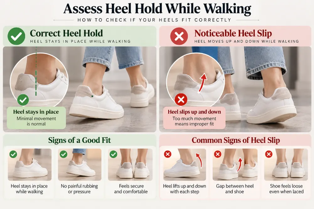 Comparison of correct heel hold versus heel slip when walking in shoes