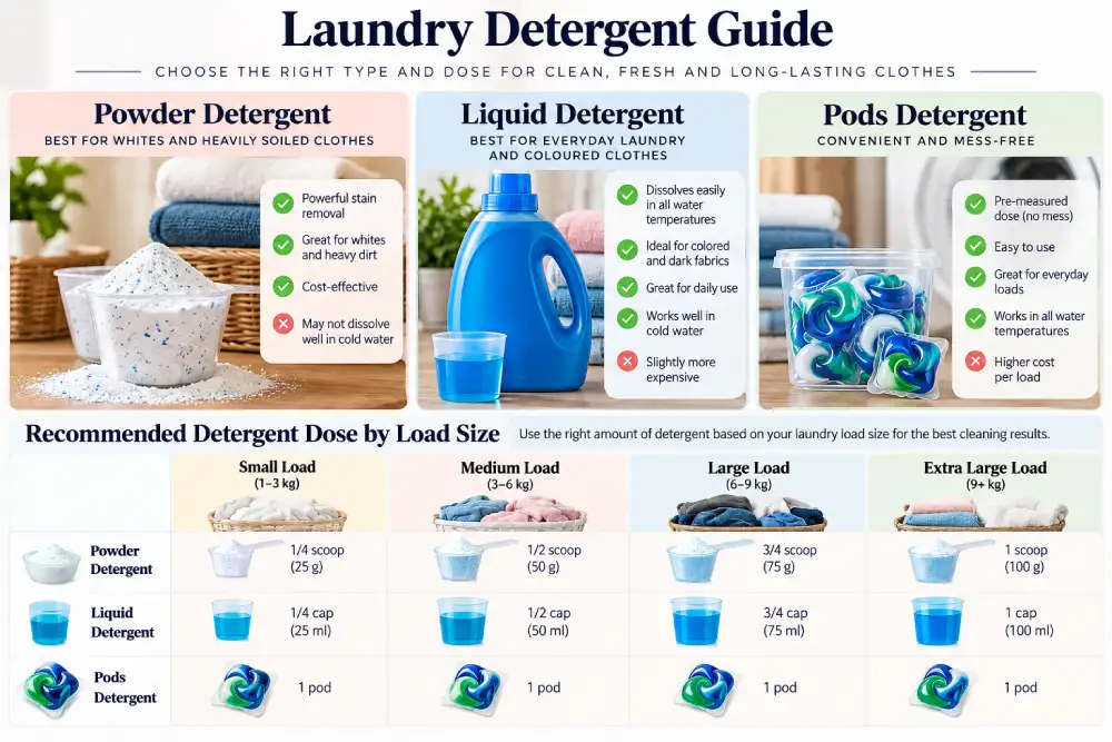Comparison of powder, liquid and pod detergent with dosing measurements