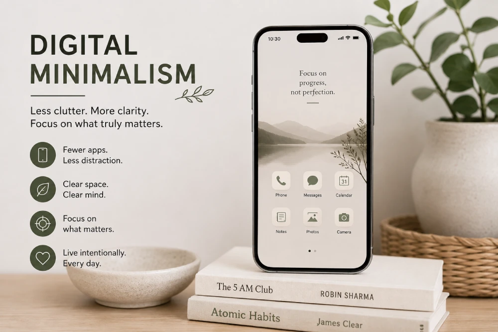 Digital minimalism example of a decluttered phone home screen