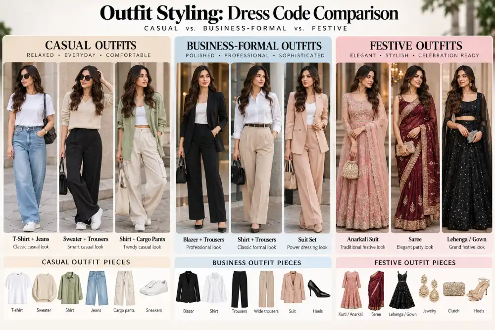 Casual, formal and festive dress code comparison for outfit styling