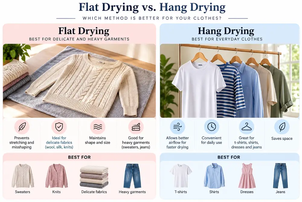 Comparison of a sweater laid flat to dry and a shirt hung to dry