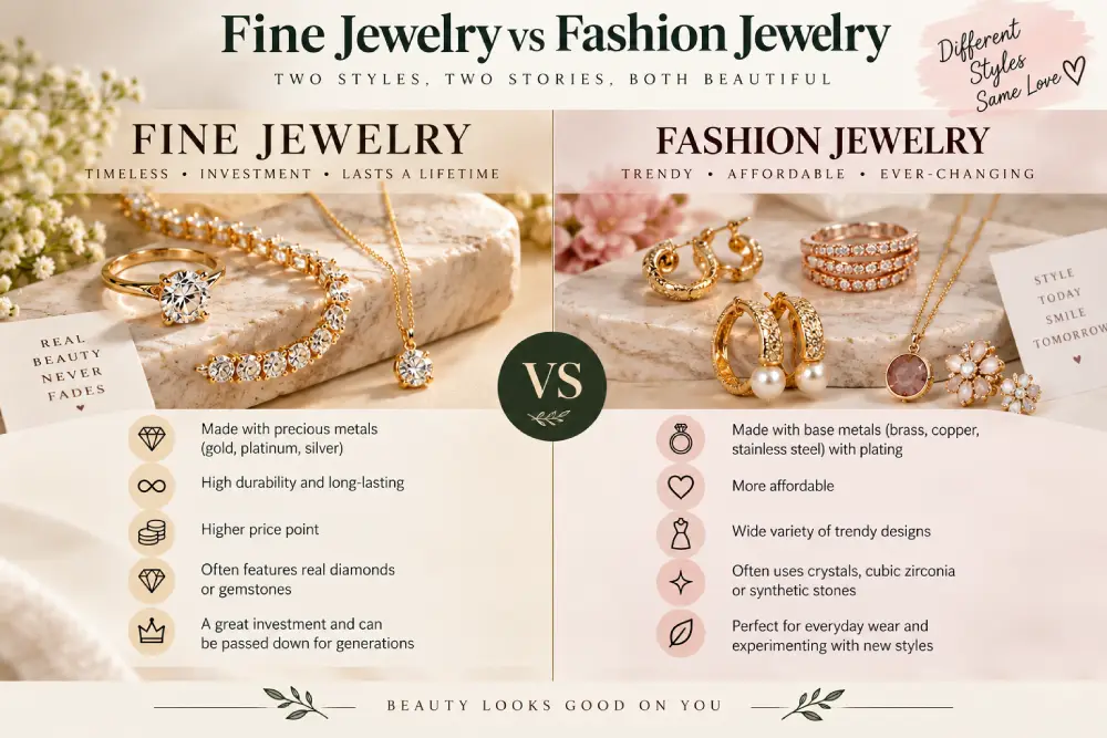 Visual comparison of fine jewelry versus fashion jewelry