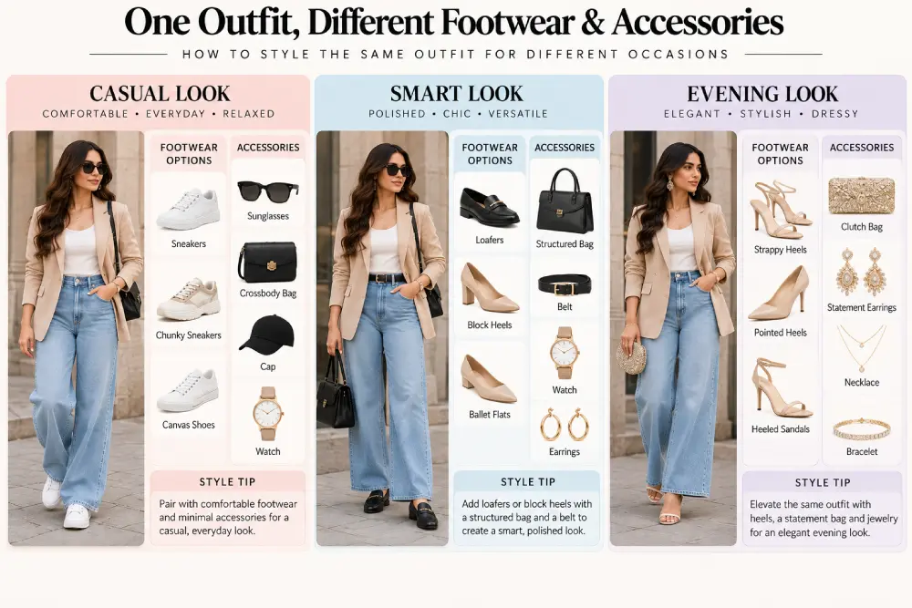 Footwear and accessory formality levels for the same base outfit
