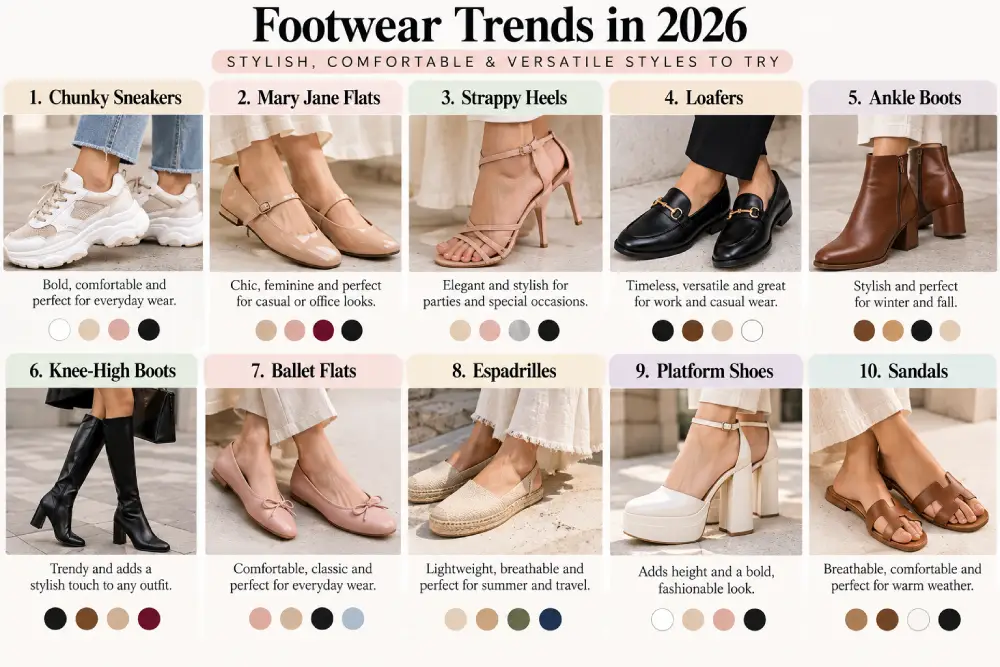 Visual overview of 2026 footwear trends including sole shapes and colorways