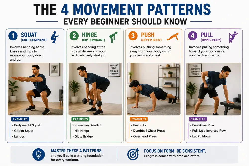 Graphic showing the four core movement patterns for beginner weightlifting