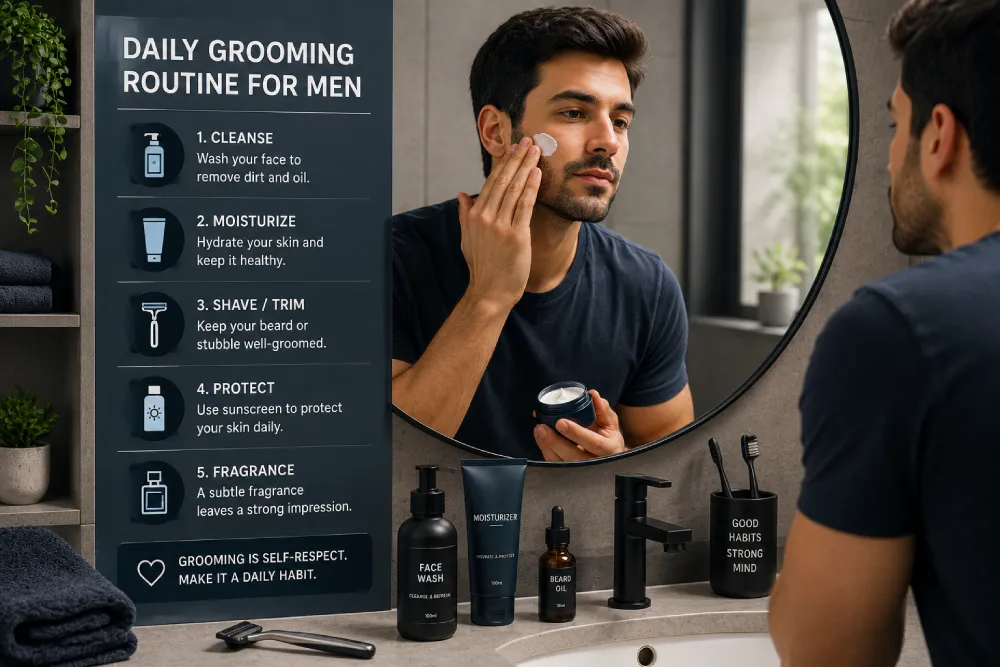 Man following a daily grooming routine with moisturizer