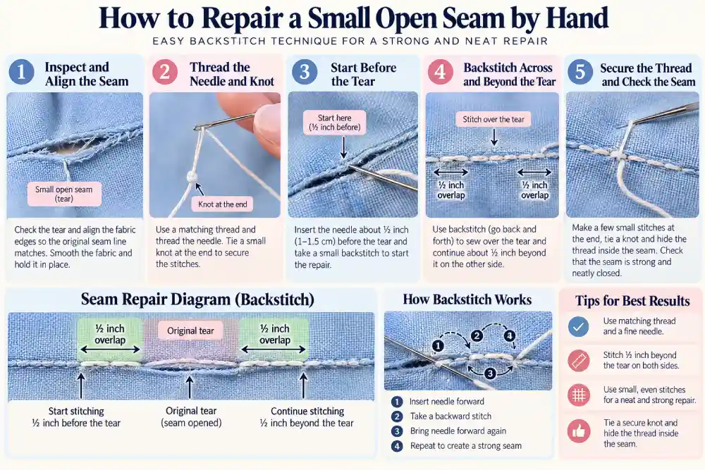 Backstitch seam repair technique overlapping past the original tear