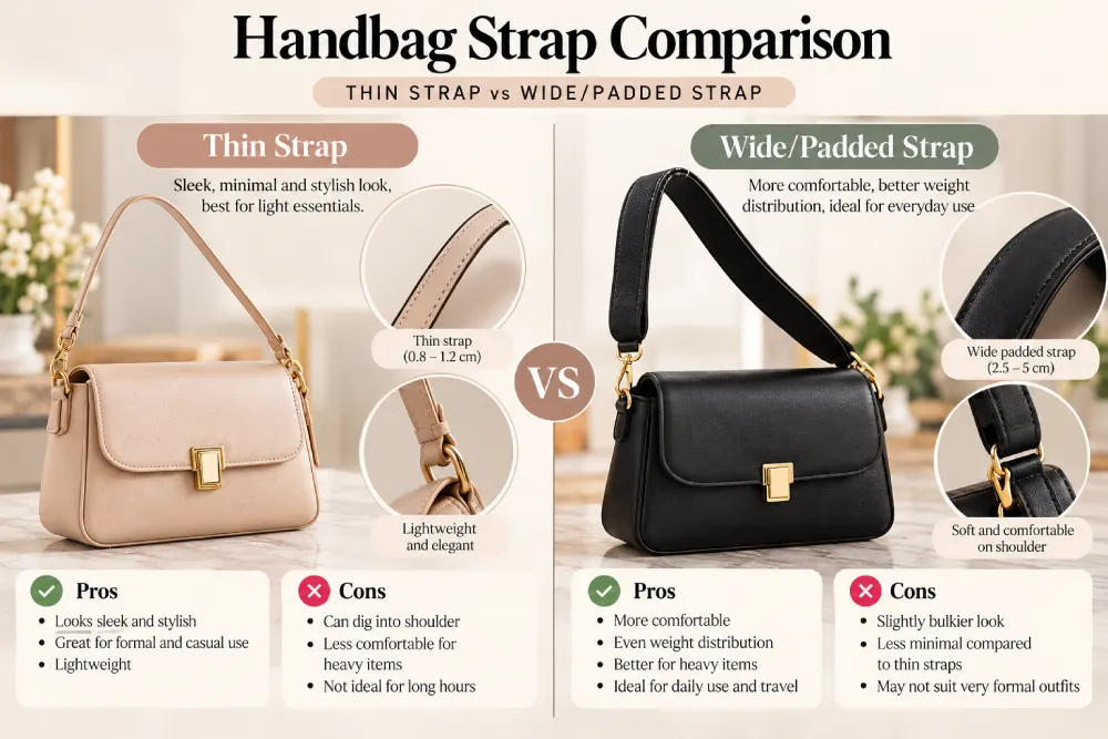 Comparison of a thin handbag strap and a wide padded handbag strap