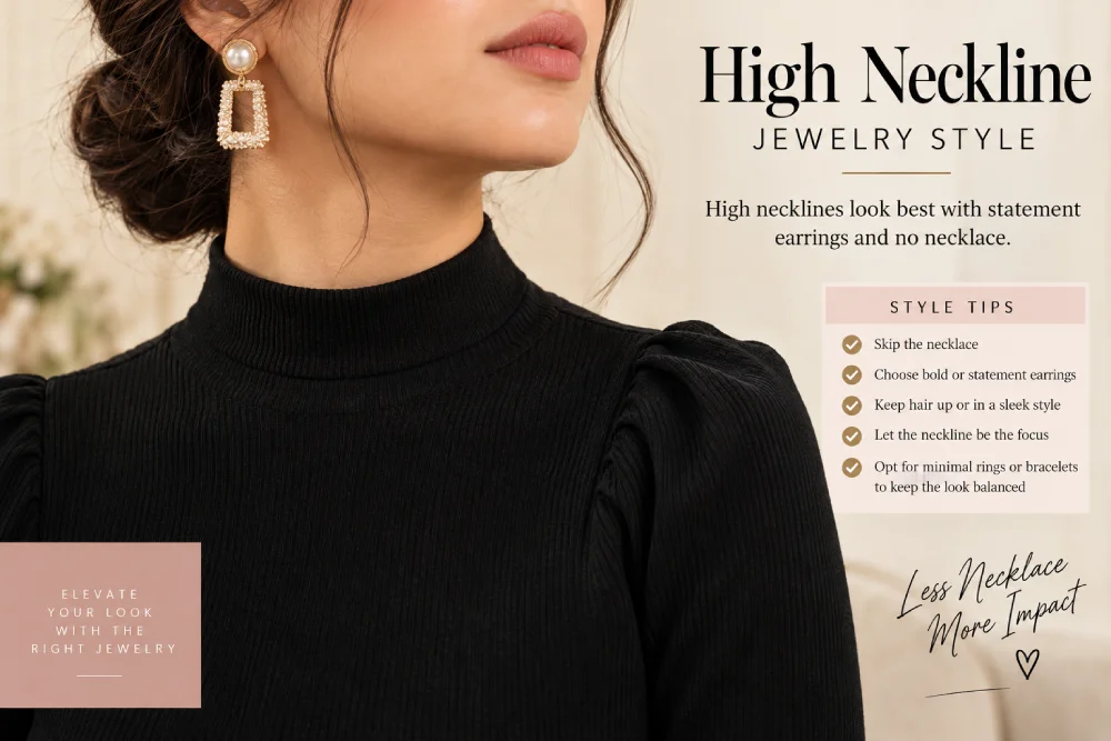 A high collared neckline styled with statement earrings instead of a necklace