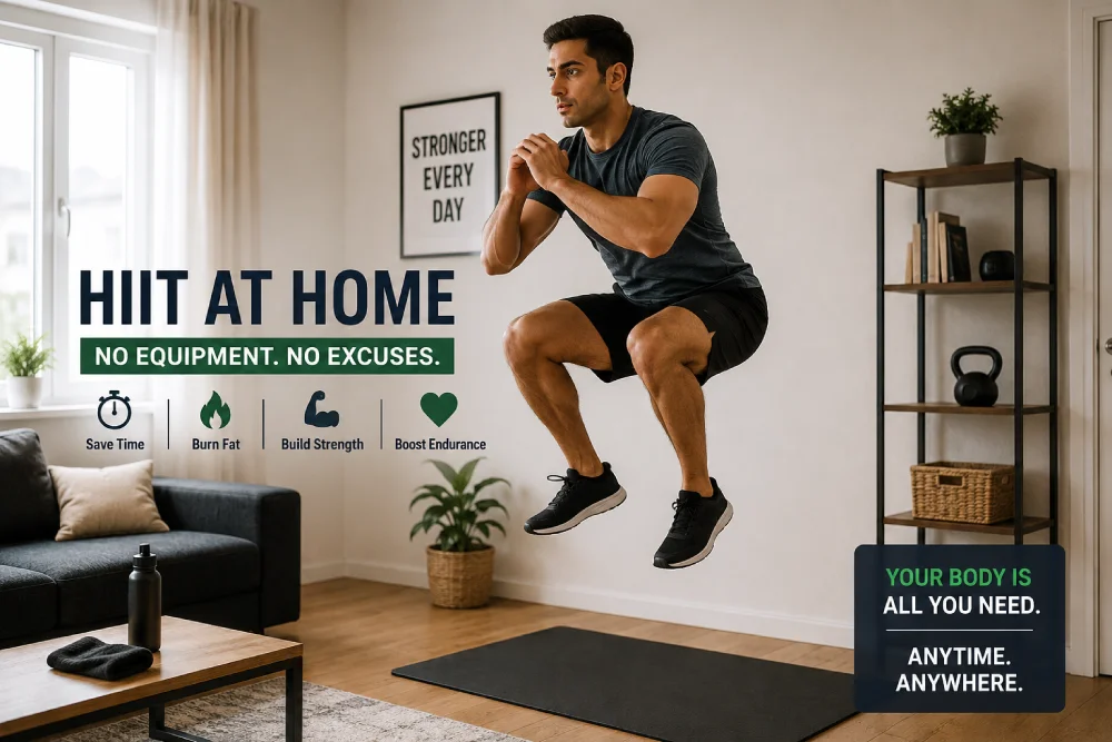 Person performing a HIIT at home workout with no equipment in a small space