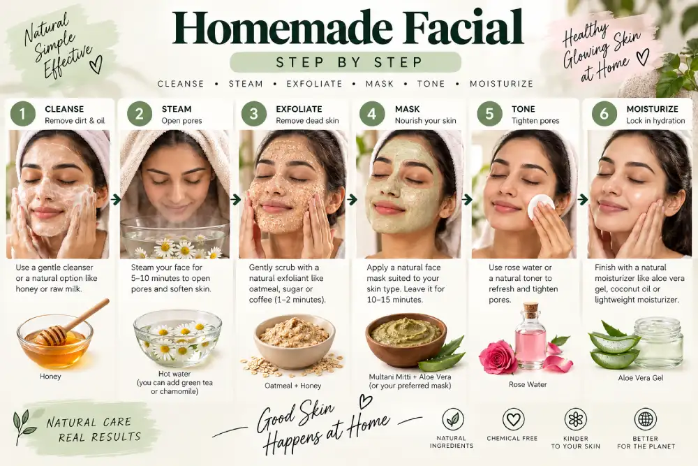 Six-step homemade facial routine from cleansing to moisturizing