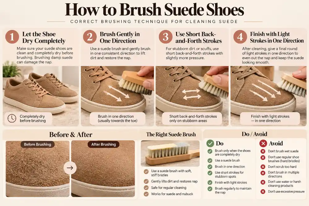 Correct brushing technique for cleaning suede shoes