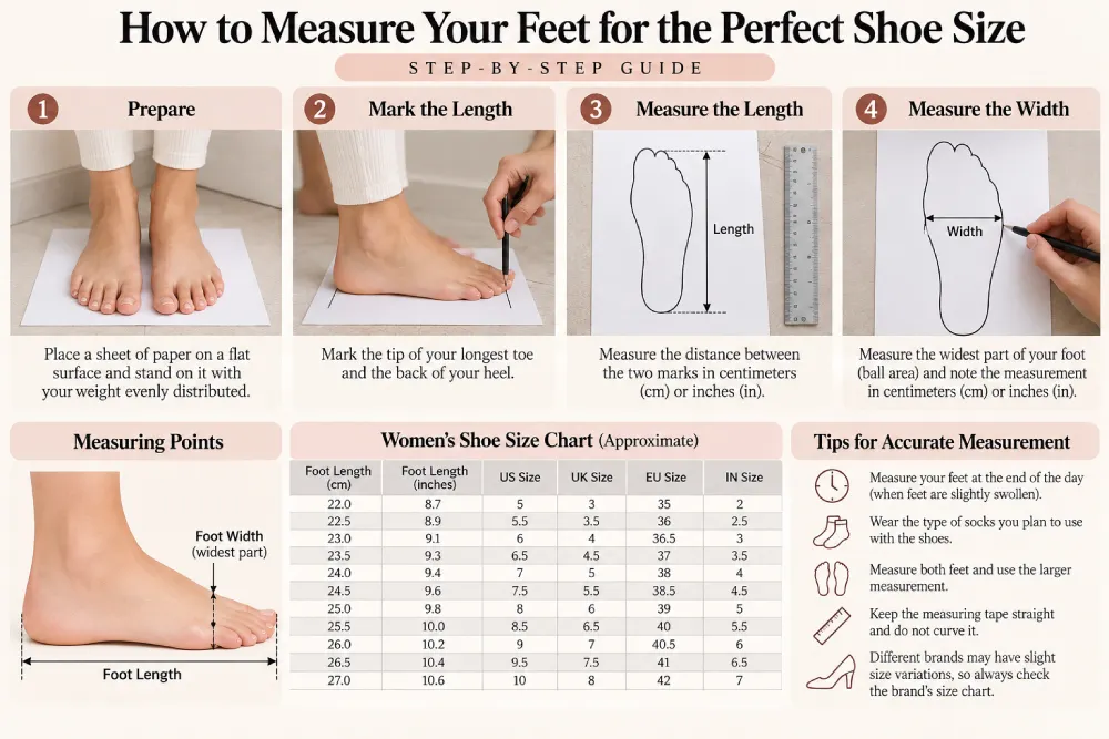 Diagram showing how to correctly measure foot length and width for shoe sizing