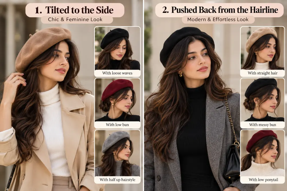 Beret styled two ways, tilted to the side and pushed back from the hairline