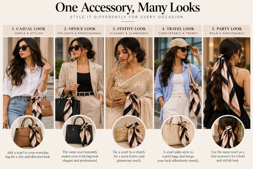 Three ways to style a scarf with different outfits