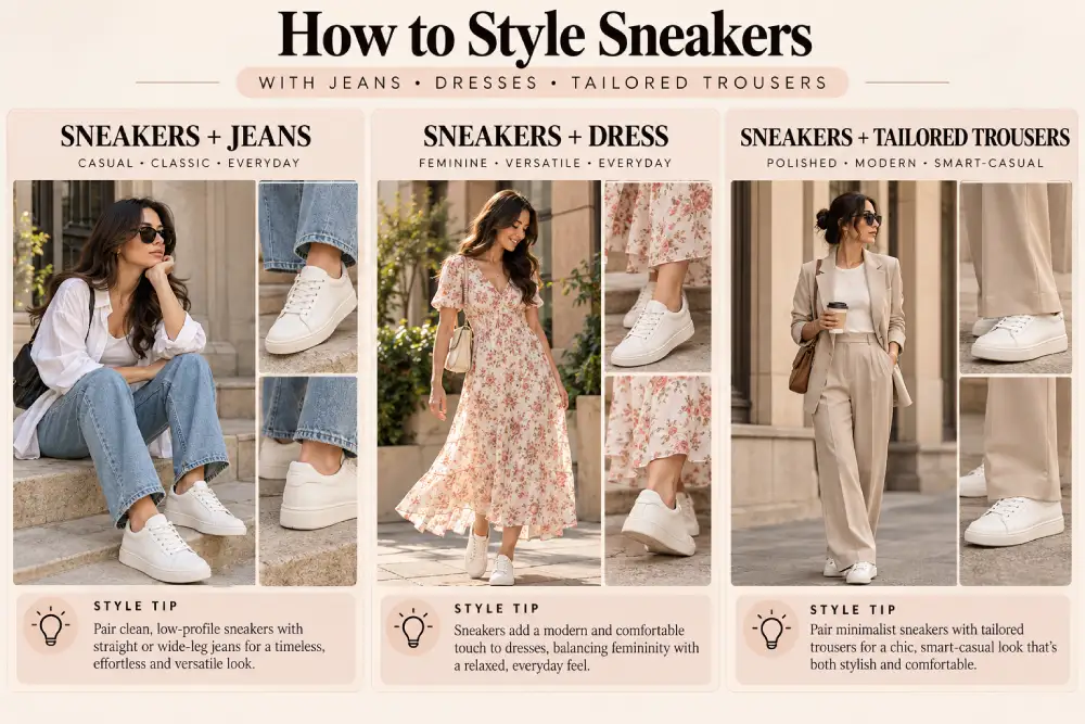 Outfit ideas styling sneakers with jeans, a dress and tailored trousers