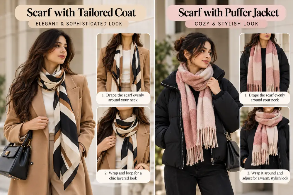 Scarf styled two ways with a tailored coat and a puffer jacket