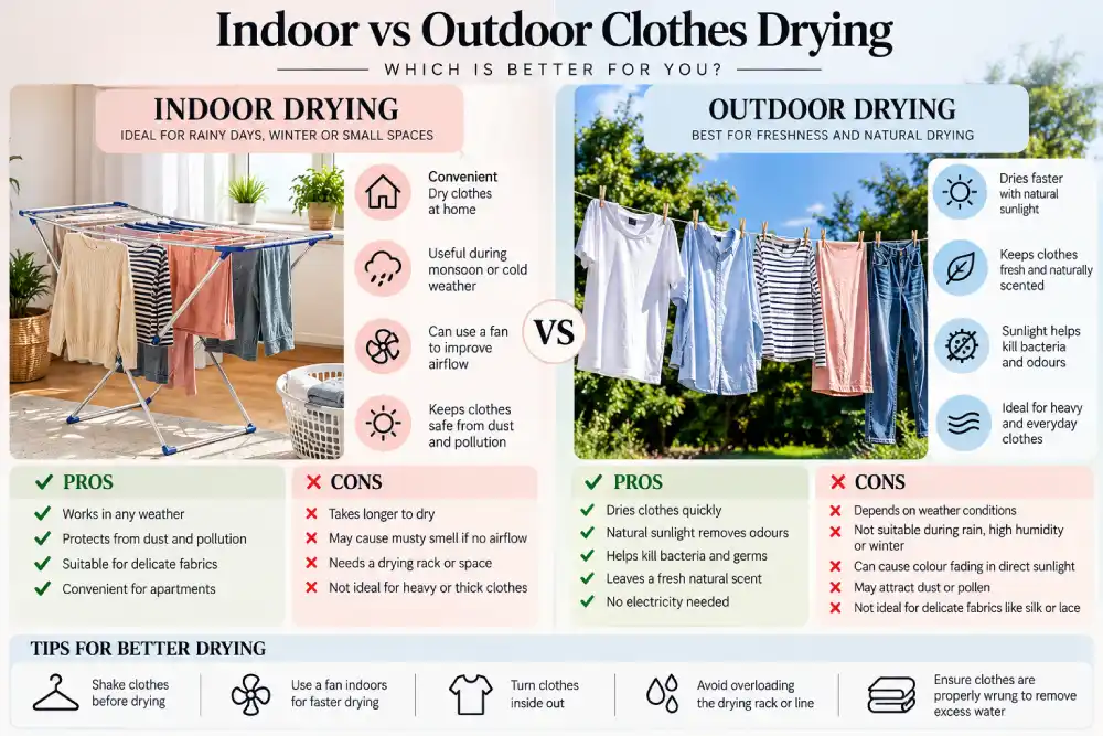Drying clothes indoors with airflow during monsoon humidity