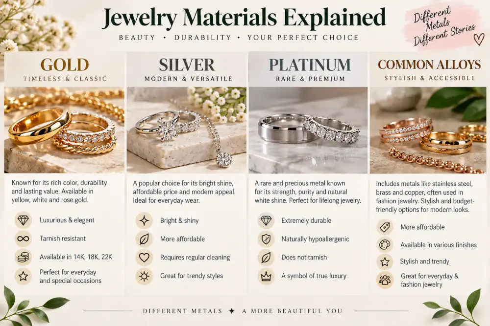 Comparison of gold, silver, platinum and alloy jewelry metals
