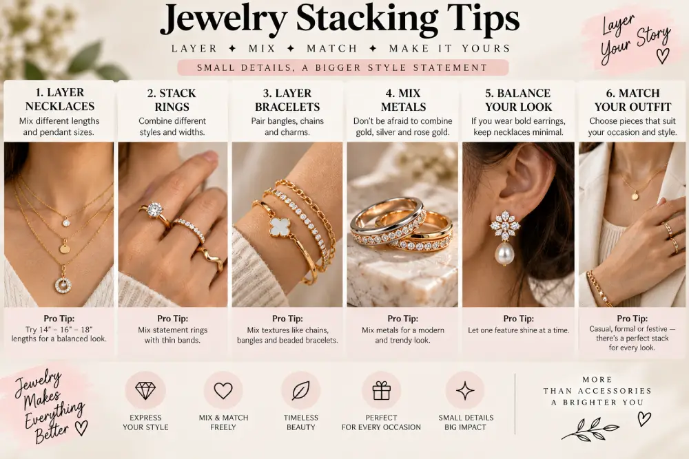 Example of layered necklaces and stacked rings for jewelry styling