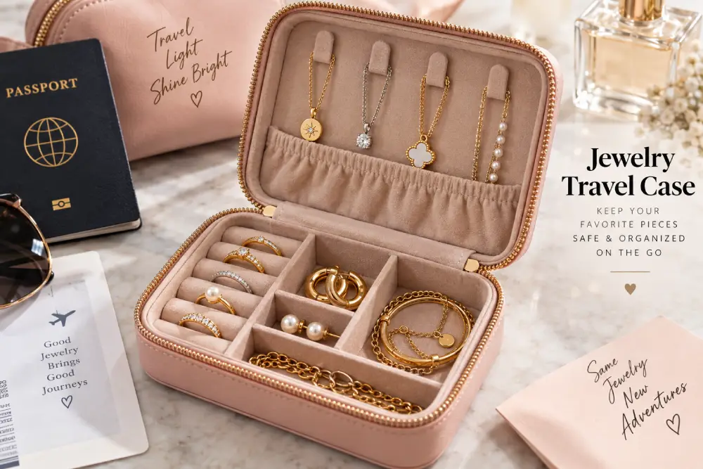 A jewelry travel case with necklaces fastened and pieces packed separately