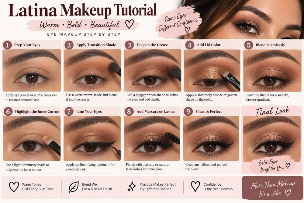 Step-by-step warm-toned eyeshadow blending for a Latina makeup tutorial