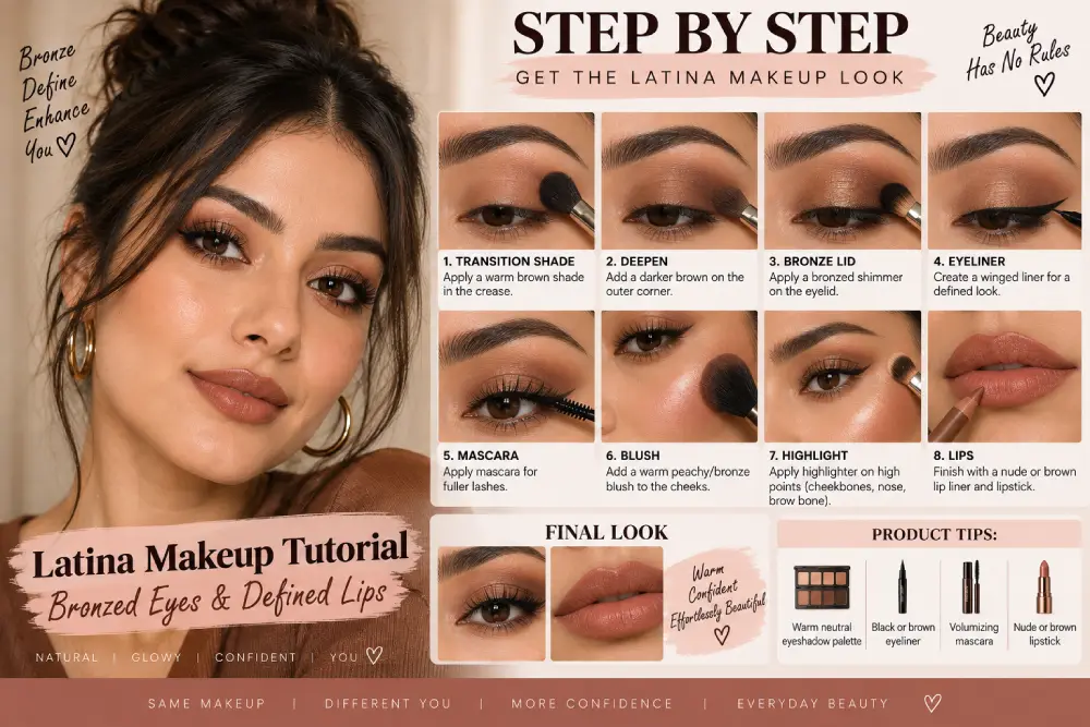 bronzed eye makeup and defined lip technique from a Latina makeup tutorial